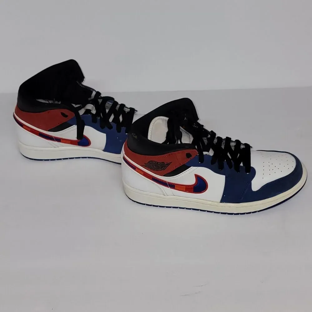 Nike Air Jordan 1 Mid SE Multicolored Swoosh Red Blue White Men's size 9
